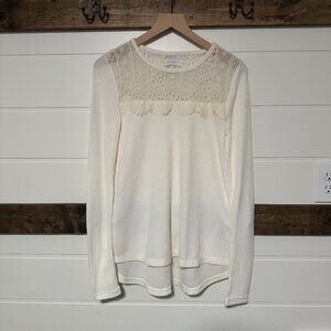 Lucky Brand Ivory Lace Yoke Waffle Knit Top XS NWOT